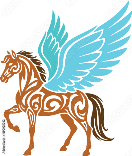 Pegasus Illustration: A majestic Pegasus, a symbol of grace and freedom, soars through the air with its elegant wings. The mythological creature embodies fantasy and adventure