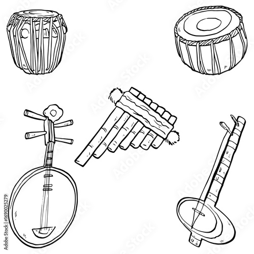 Black and white line art of ethnic musical instruments with detailed outlines