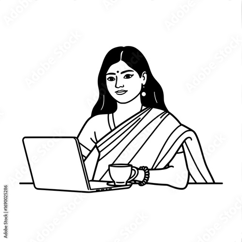 Woman Wearing Sari Working Laptop Outline