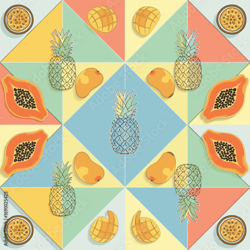 Colorful fruit pattern featuring pineapple, mango, papaya and passion fruit, seamless pattern, Stock royalty.