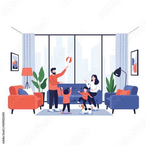 Joyful family plays ball with dog in modern living room, creating cherished memories together.