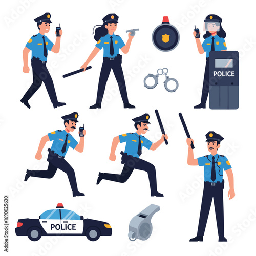 Dynamic police officers in action with patrol car and equipment, ready for duty