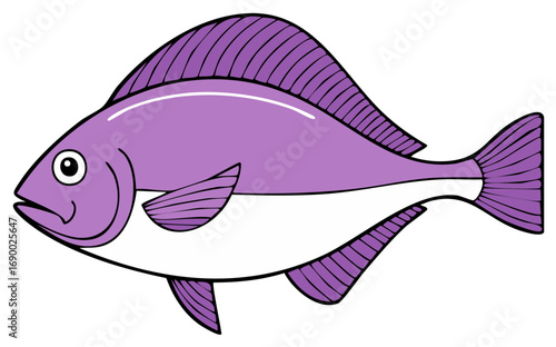 Cartoon illustration of a colorful fish with purple and white details