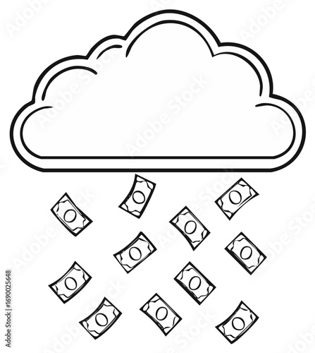 Money Cloud Rain, financial concept illustration, income windfall, doodle style.