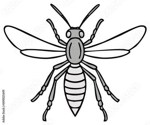Grey Wasp with Striped Abdomen Vector Illustration Insect Icon Flat Design