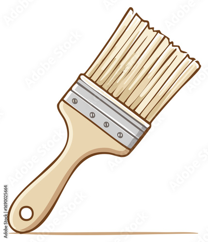 Cartoon Wooden Paintbrush with Silver Ferrule and Synthetic Bristles on White Background