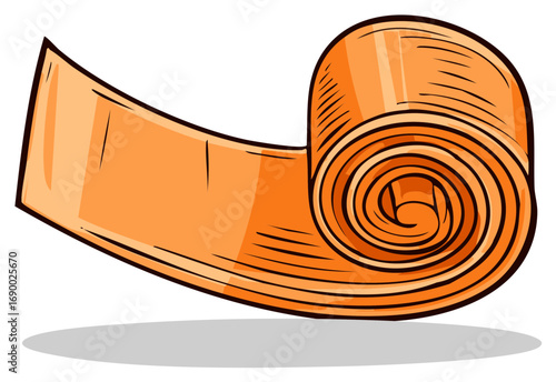 Orange Cartoon illustration of a rolled up mat, with detailed black lines and shading.