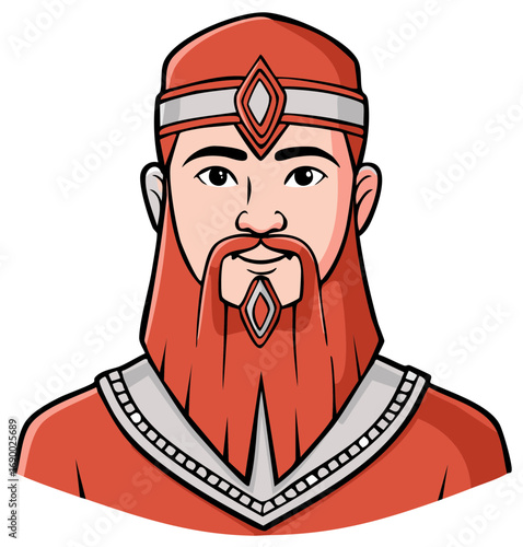 Cartoon illustration of a fantasy king or wizard with a long red beard and jeweled headwear