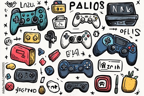 Colorful hand-drawn illustration of various video game controllers and accessories scattered on a white background with playful doodles and abstract symbols