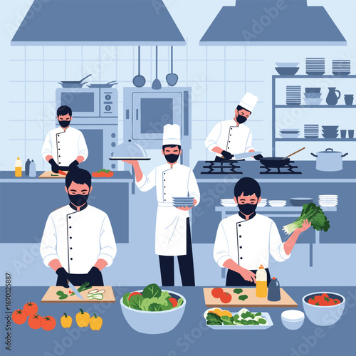 Professional chefs collaborating to prepare fresh ingredients in a busy modern kitchen environment