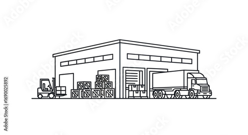 Line drawing of warehouse with truck and forklift.