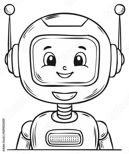 Cute cartoon robot outline illustration for kids coloring book pages and designs