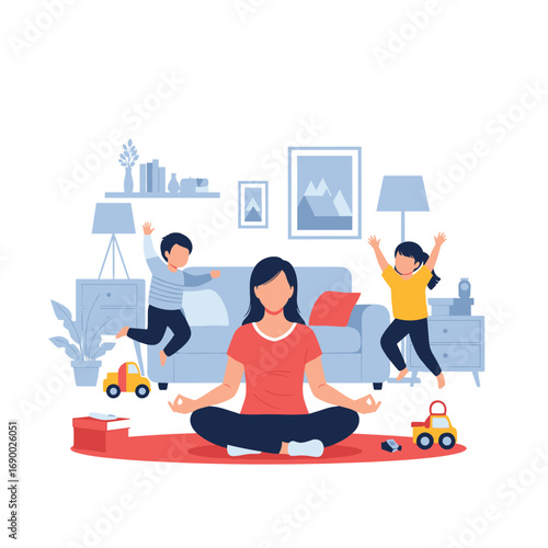 Calm mother meditating amidst playful children and toys in a cozy, modern living room setting