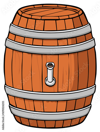 Cartoon illustration of a classic wooden barrel with a spigot for beer or wine