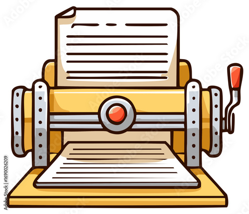Cute Cartoon Typewriter with Paper for Writing and Typing Stories or Copywriting in the Office
