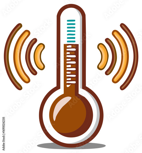 Illustration of a brown thermometer with cyan liquid and signal waves, indicating temperature