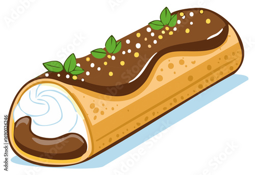 Delicious Chocolate Eclair Pastry Cream Filling Topped with Sprinkles and Mint Leaves
