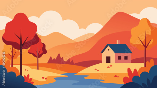 Autumnal Flat Landscape with River, House, and Mountains Illustration