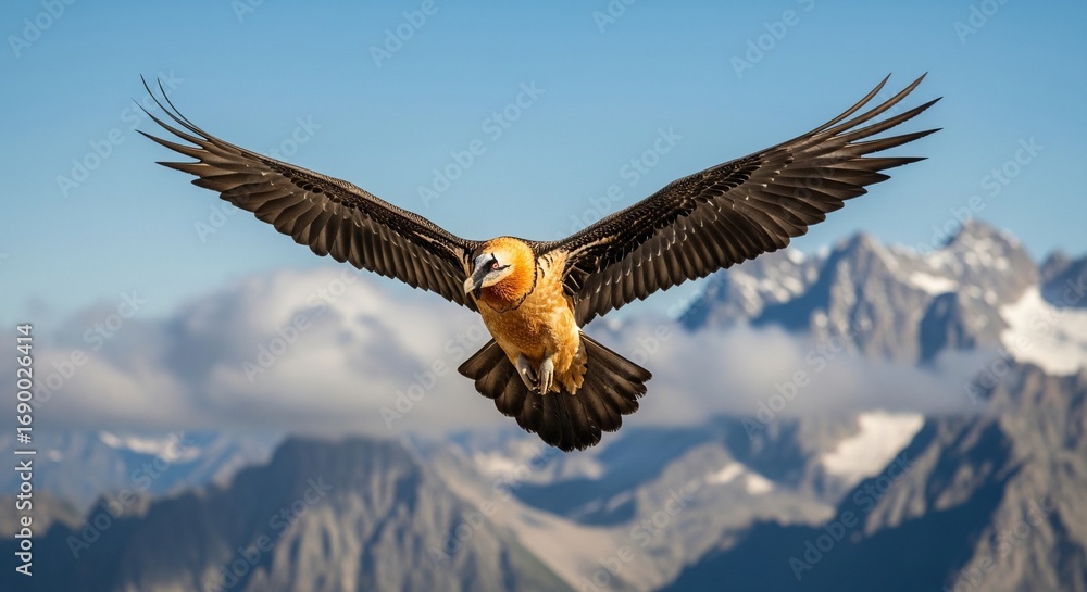 Obraz premium Majestic Bearded Vulture (Lammergeier) in Flight Over Snowy Mountains and a Clear Blue Sky