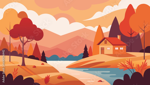 Autumnal Landscape Cartoon House by the River Surrounded by Colorful Trees and Mountains