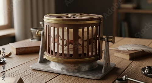 Zoetrope: An Early Animation Device with Rotating Horse Images on a Wooden Desk with a Quill.
