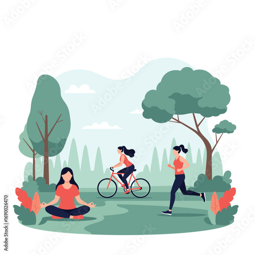 Active women enjoying healthy outdoor activities like cycling, running, and yoga in a serene park setting