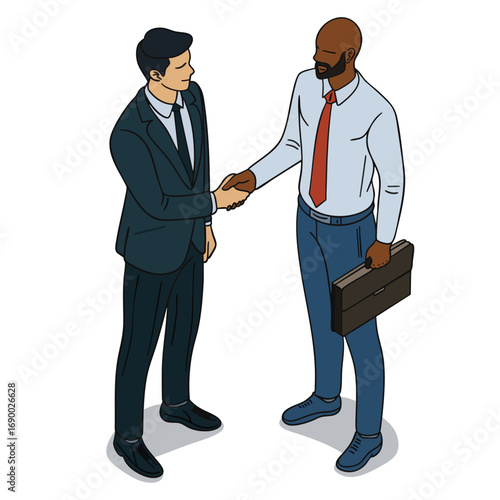 Business Illustration of White and Black Men Shaking Hands in Formal Suit, Shirt, Tie, Dress Shoes, and Office Bag