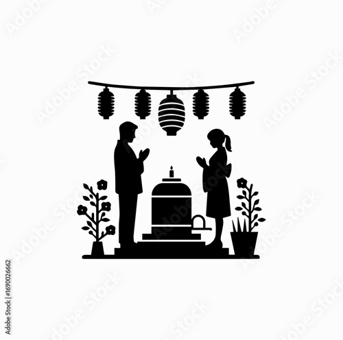 Family Visiting Grave Silhouette – Japanese Autumn Equinox Tradition