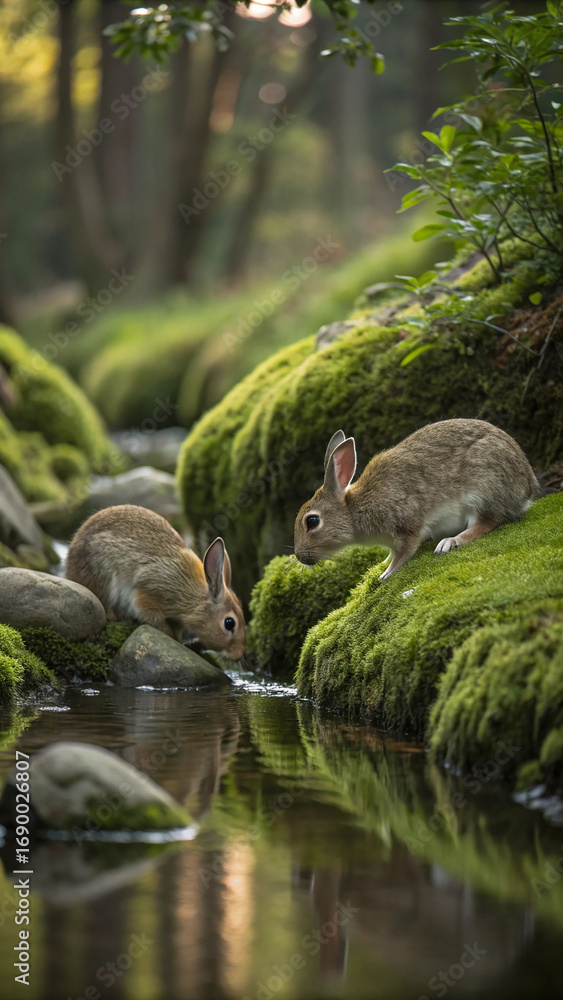 Obraz premium Rabbits drinking water mossy stream image
