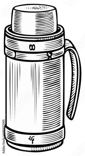 Vintage Style Insulated Thermos Bottle Line Art Illustration for Hot or Cold Beverages
