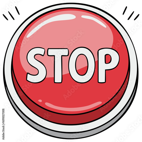 Shiny red stop button in a cartoon comic style for alert warning or emergency control panel