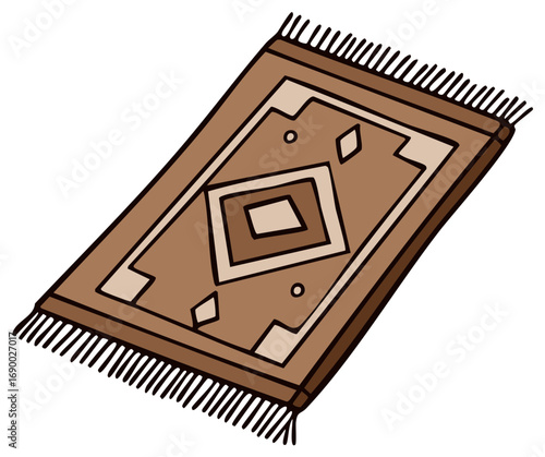 Brown patterned rug illustration with tribal geometric design and tassels for home decor