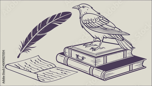 Bird perched on books with quill and parchment illustration vintage style literary concept education writing reading knowledge wisdom gothic dark academia fantasy.