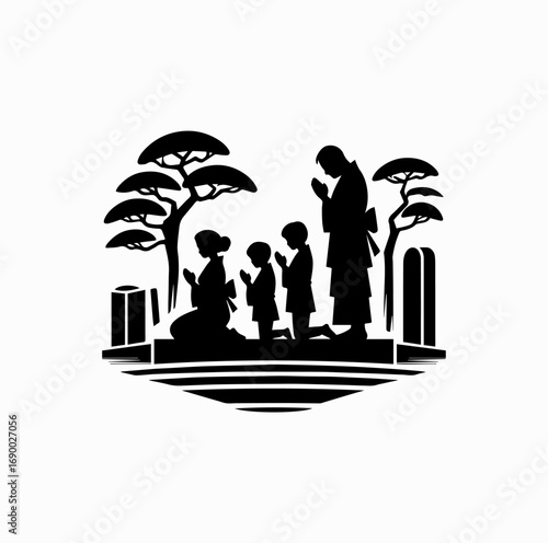 Family Visiting Grave Silhouette – Japanese Autumn Equinox Tradition