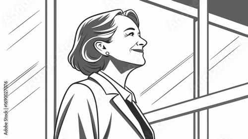 Black and white illustration of a woman in a business suit looking hopeful and confident.