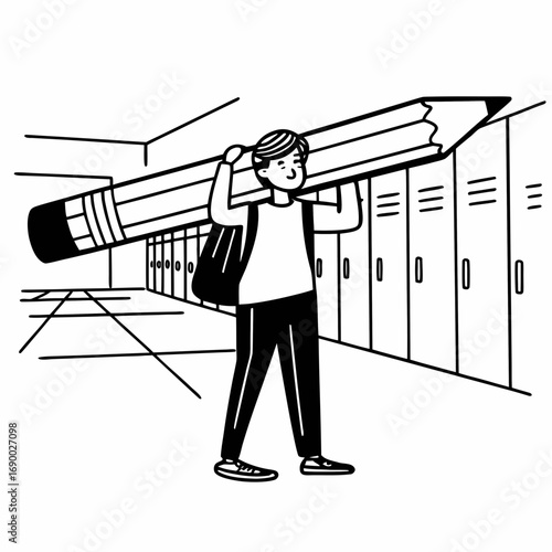 Student carrying oversized pencil education concept back to school supplies and locker room illustration art
