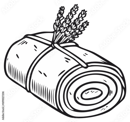 Rolled fabric tied with ribbon and lavender, black and white hand drawn illustration