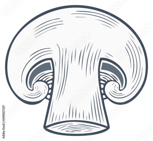 Detailed cross-section illustration of a single mushroom cap and stem with a vintage engraving style