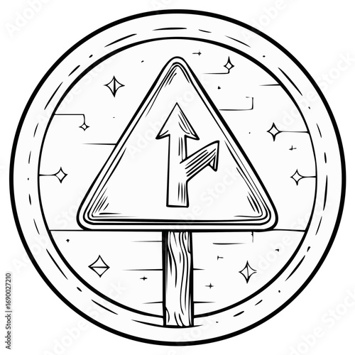 Line Art Junction Sign Illustration on a Circle with Light Bursts, Representing Choices and Navigation, Simple Design Elements and Minimalist Style
