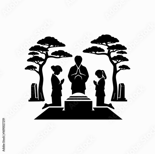 Family Visiting Grave Silhouette – Japanese Autumn Equinox Tradition
