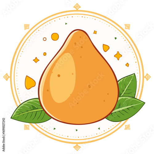 Coxinha Illustration, Brazilian Fried Chicken Snack with Green Leaves and Decorative Circle Frame, Food Art
