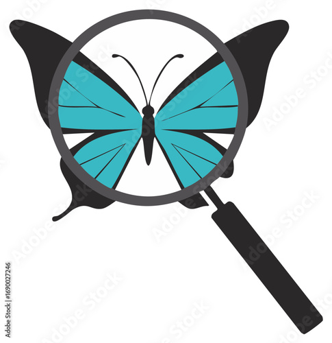Butterfly with Magnifying Glass Close Up Insect Investigation Entomology Study Research Graphic