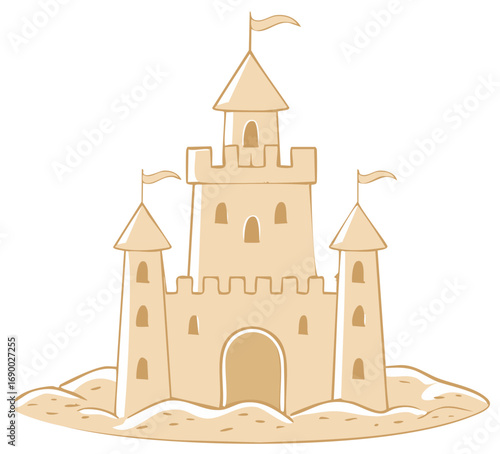 Cartoon Sandcastle Illustration with Flags on Sand Dunes for Summer Vacations