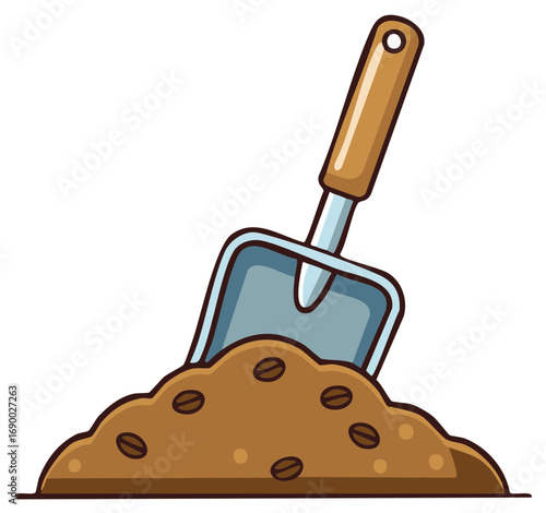 Cartoon Shovel Scooping Brown Coffee Beans Pile on White Background