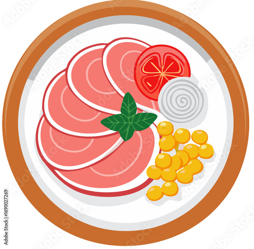 Cartoon illustration of a plate with meat slices, tomatoes, and other fresh ingredients.