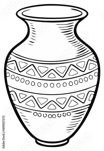 Tribal pottery vase with geometric patterns and circular designs