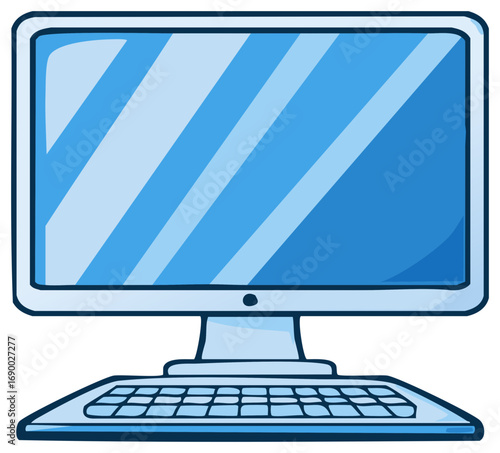 Illustration of a desktop computer with a monitor and keyboard in blue tones