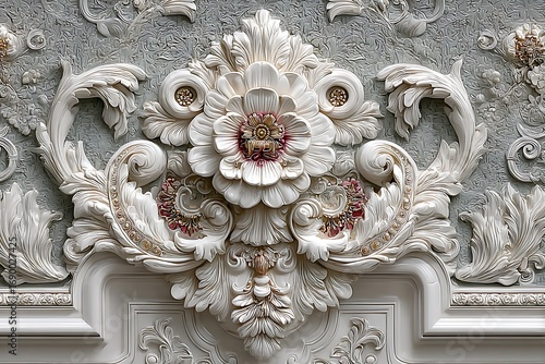 Ornate white plaster floral relief with gold accents image