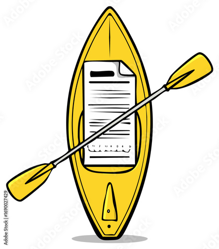 Cartoon illustration of yellow kayak with paddle and file documents on white backdrop.