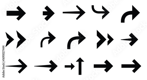 A diverse collection of black arrow icons pointing in various directions, including straight, curved, and double-headed designs.